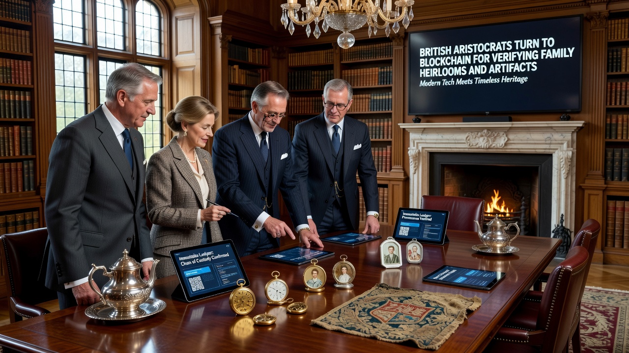 Close-up of blockchain interface showing verified artifact records alongside physical family silverware and documents in an aristocratic setting