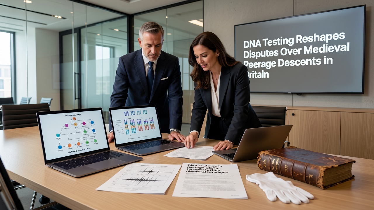 Researchers reviewing genetic data and medieval lineage charts on a laboratory table